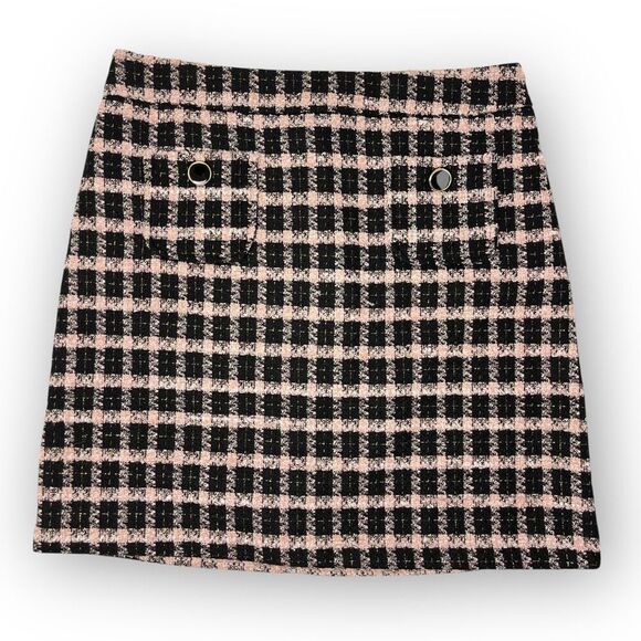 Maison d' Amelie Paris Tweed Plaid Skirt Black Pink w/Pockets Women’s Size 8 - Picture 1 of 11